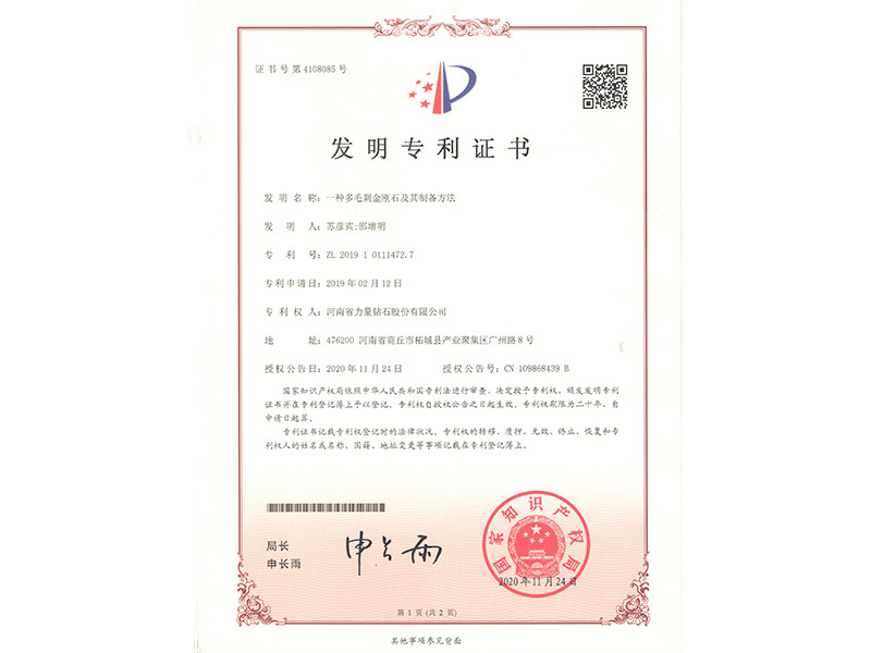 Chứng chỉ bằng sáng chế - Một loại kim cương đa gai và phương pháp chế tạo Chứng chỉ bằng sáng chế - Một loại kim cương đa gai và phương pháp chế tạo